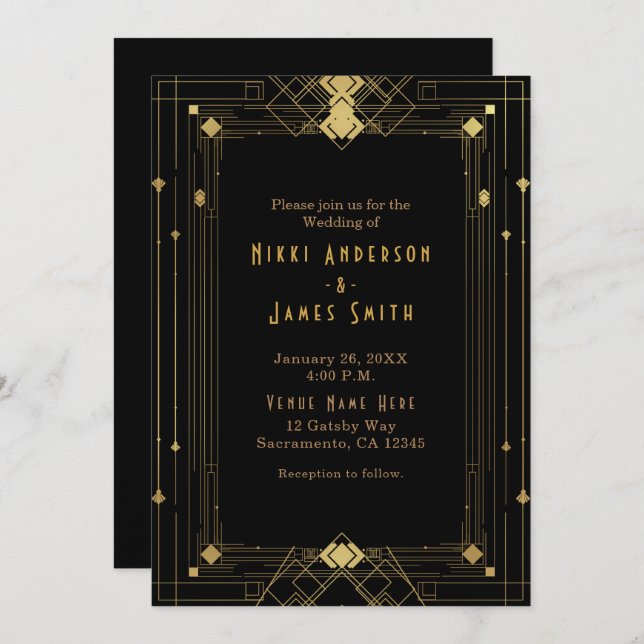 Invitation Gold & Black Art Déco Gatsby Roaring 20's Elegant (Devant / Derrière)