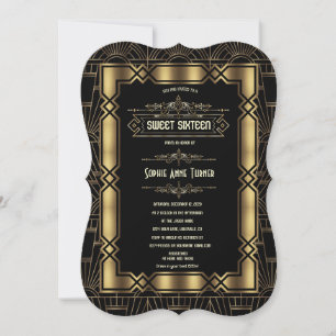 Invitation Gold Black Art Déco Gatsby Sweet sixteen des année