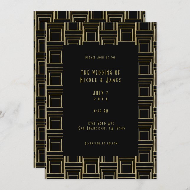 Invitation Gold Black Art Déco Mariage rétro élégant et géomé (Devant / Derrière)