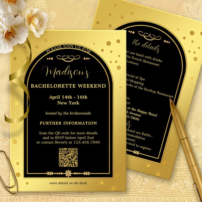 Invitation Gold Black Bachelorette Week-end Itinéraire (Bachelorette weekend getaway invitation program template with a gold black confetti sparkles design)