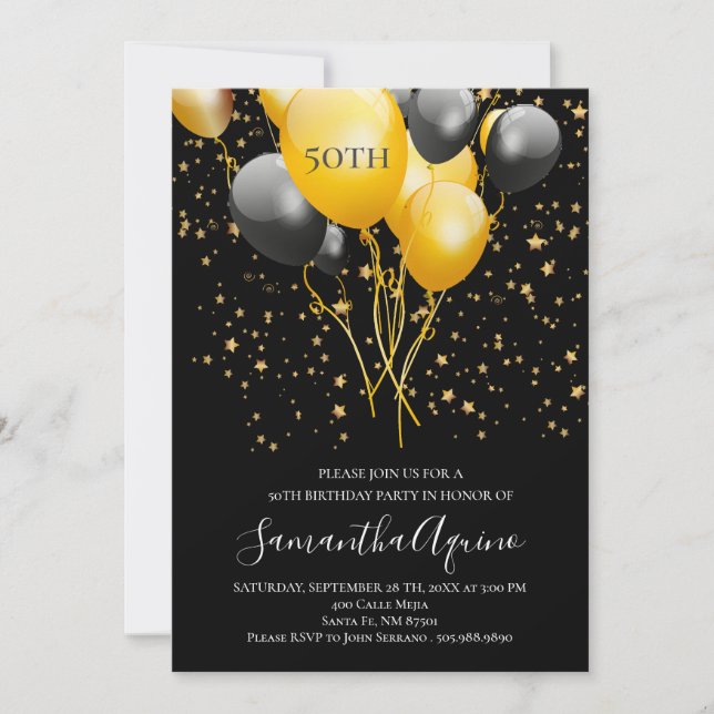 Invitation Gold & Black Balloons Star Confetti 50e anniversai (Devant)