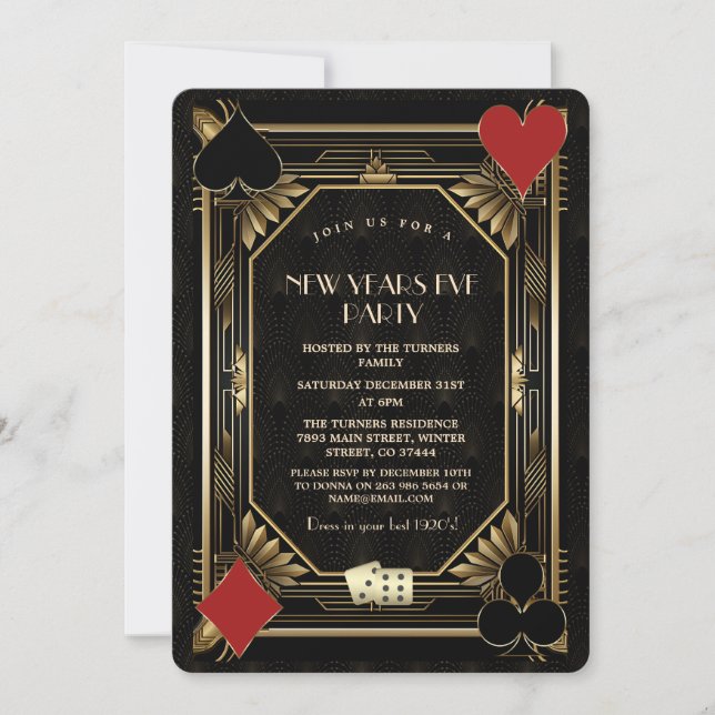 Invitation Gold Black Casino Vegas Gatsby le réveillon du Nou (Devant)