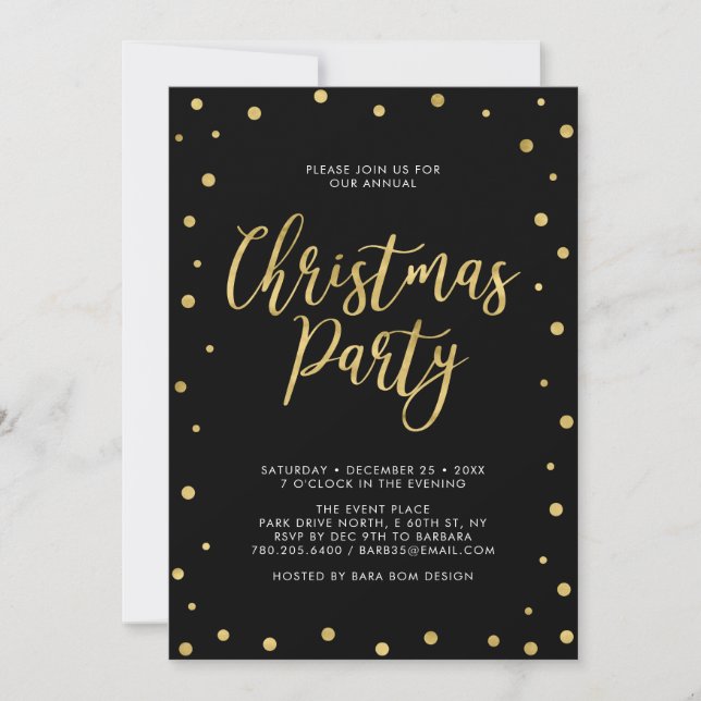 Invitation Gold & Black Chic Confetti Fête de Noël (Devant)