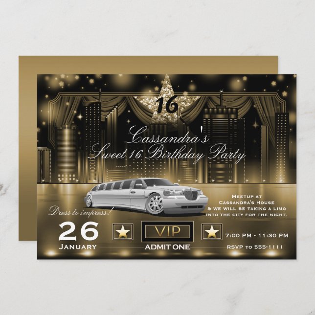 Invitation Gold Black City Night Lights Limo fête d'anniversa (Devant / Derrière)
