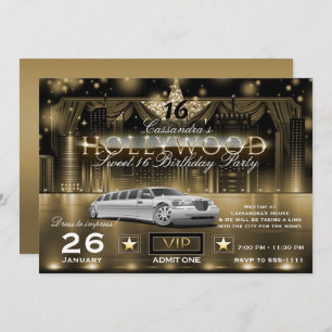 Invitation Gold Black City Night Lights Limo Hollywood Party