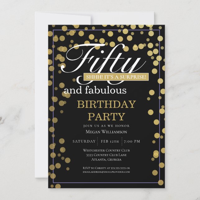 Invitation Gold Black Confetti Cinquante et fabuleux annivers (Devant)