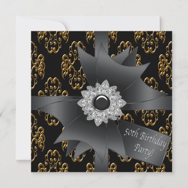 Invitation Gold Black Damask cadeau Classy 50e anniversaire (Devant)