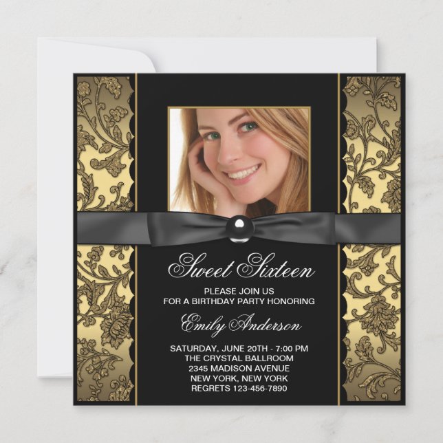 Invitation Gold Black Damask Photo Sweet 16 Party (Devant)