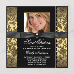 Invitation Gold Black Damask Photo Sweet 16 Party