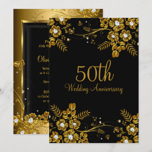 Invitation Gold Black Diamond Floral Swirl 50e Anniversaire