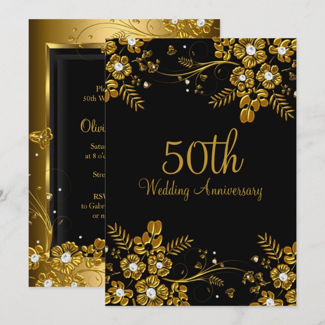 Invitation Gold Black Diamond Floral Swirl 50e Anniversaire (Devant / Derrière)