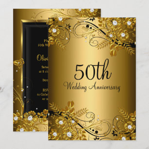 Invitation Gold Black Diamond Floral Swirl 50e Anniversaire
