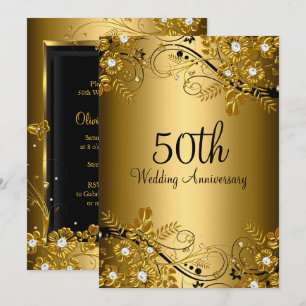 Invitation Gold Black Diamond Floral Swirl 50e Anniversaire
