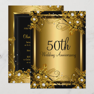 Invitation Gold Black Diamond Floral Swirl 50e Anniversaire