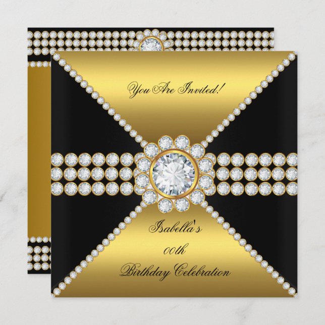 Invitation Gold Black Diamond Sophisticated Anniversaire Part (Devant / Derrière)