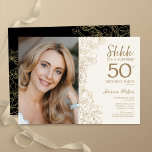 Invitation Gold Black Elegant Surprise Photo 50e anniversaire<br><div class="desc">Crème d'or florale et surprise noire 50ème anniversaire invitation à la fête avec votre photo sur le devant de la carte. Design moderne élégant avec accents de dessin botanique et police de script de typographie. Carte invitation simple et tendance, parfaite pour une célébration anniversaire élégante. Peut être customisé à n'importe...</div>