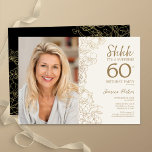 Invitation Gold Black Elegant Surprise Photo 60e anniversaire<br><div class="desc">Crème or florale et surprise noire 60ème anniversaire invitation à la fête avec votre photo sur le devant de la carte. Design moderne élégant avec accents de dessin botanique et police de script de typographie. Carte invitation simple et tendance, parfaite pour une célébration anniversaire élégante. Peut être customisé à n'importe...</div>