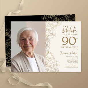 Invitation Gold Black Elegant Surprise Photo 90e anniversaire