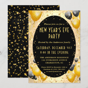 Invitation Gold Black Étoiles scintillantes fête de réveillon