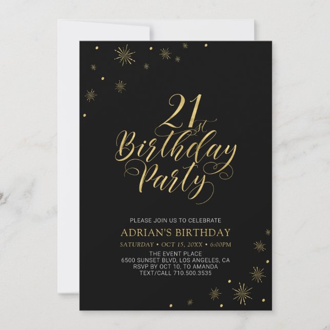 Invitation Gold & Black | Fête d'anniversaire 21 ans chic mod (Devant)