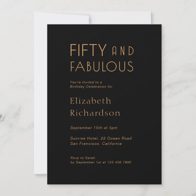 Invitation Gold Black Fifty and Fabulous 50th Birthday Party  (Devant)