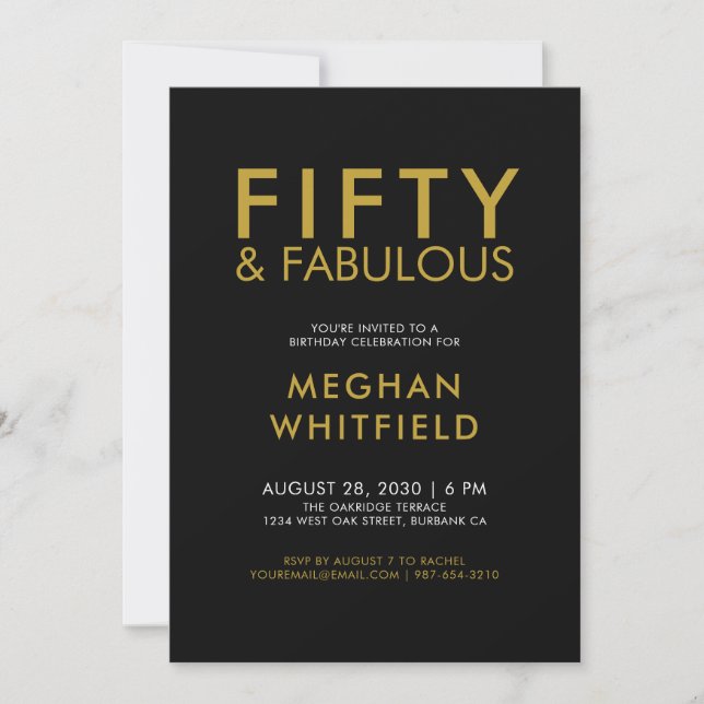 Invitation Gold Black Fifty and Fabulous 50th Birthday Party (Devant)