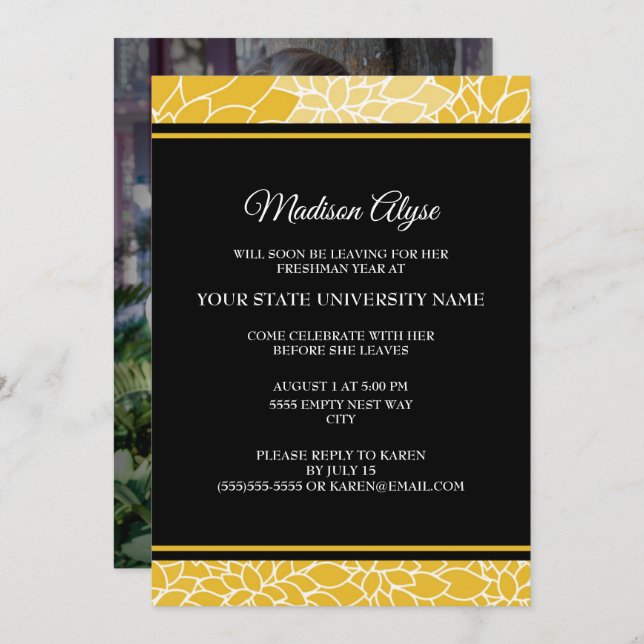 Invitation Gold Black Floral College Trunk Party Photo Invita (Devant / Derrière)