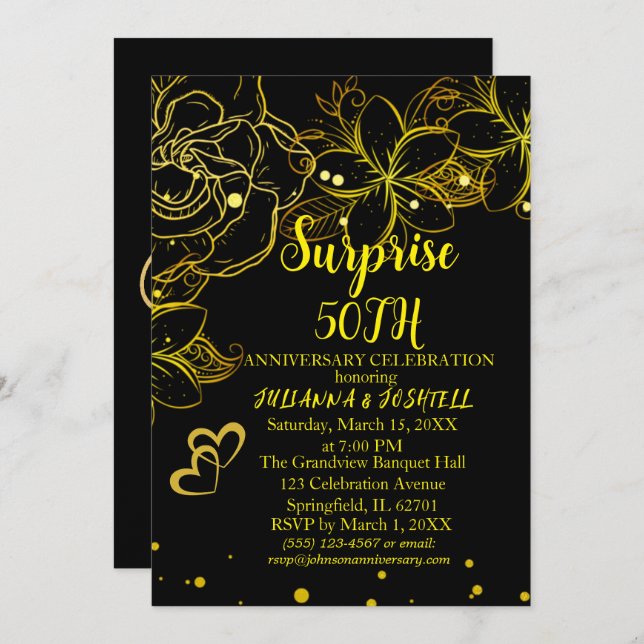 Invitation Gold Black Floral Surprise 50e Anniversaire d'or (Devant / Derrière)
