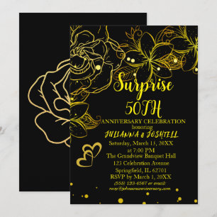 Invitation Gold Black Floral Surprise 50e Anniversaire d'or