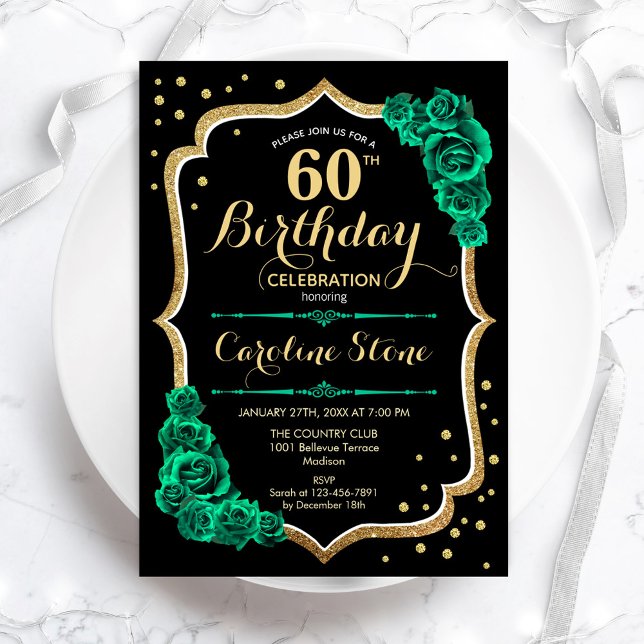 Invitation Gold Black Green Roses 60e anniversaire (Créateur téléchargé)