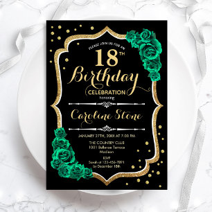 Invitation Gold Black Green Roses Élégant 18e anniversaire