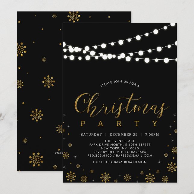 Invitation Gold & Black | Guirlande Lumineuse de Noël (Devant / Derrière)