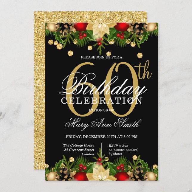Invitation Gold & Black Holiday Parties scintillant 60e fête  (Devant / Derrière)