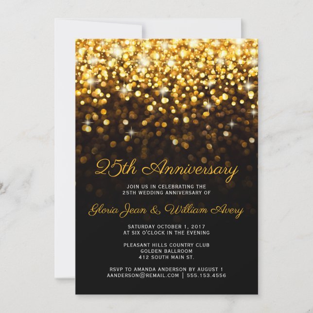 Invitation Gold Black Hollywood Glam 25e anniversaire de Mari (Devant)