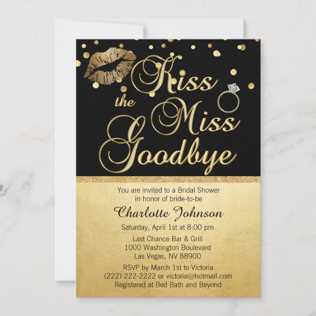Invitation Gold Black Kiss the Miss Goodbye Fête des mariées (Devant)