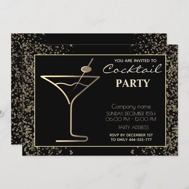 Invitation Gold Black luxe cocktail de vacances (Devant / Derrière)