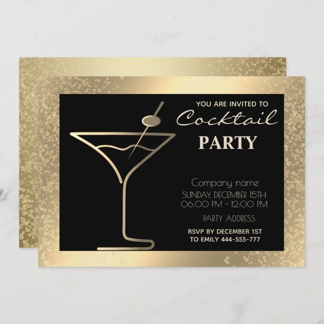 Invitation Gold Black luxe cocktail de vacances (Devant / Derrière)