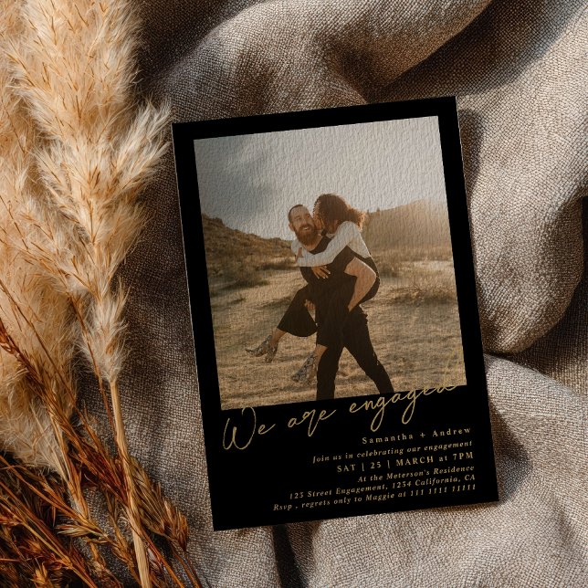 Invitation Gold Black minimalist 2 photos engagement party (Gold Black minimalist 2 photos engagement party Invitation)