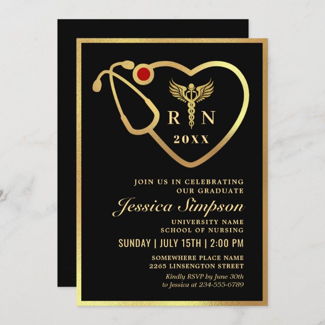 Invitation Gold Black Modern Nursing School Graduation Party (Devant / Derrière)