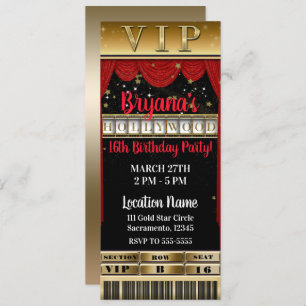 Invitation Gold Black Red HOLLYWOOD Billet VIP fête d'anniver