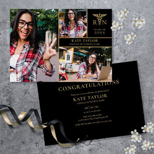 Invitation Gold Black RN Nursing 3 Photo Graduation Party