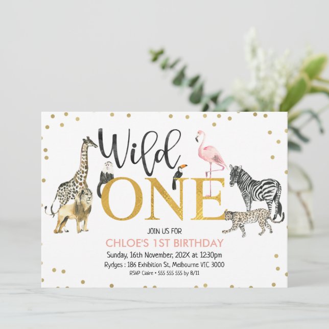Invitation Gold Black Rose Wild One Safari Animaux Anniversai (Debout devant)