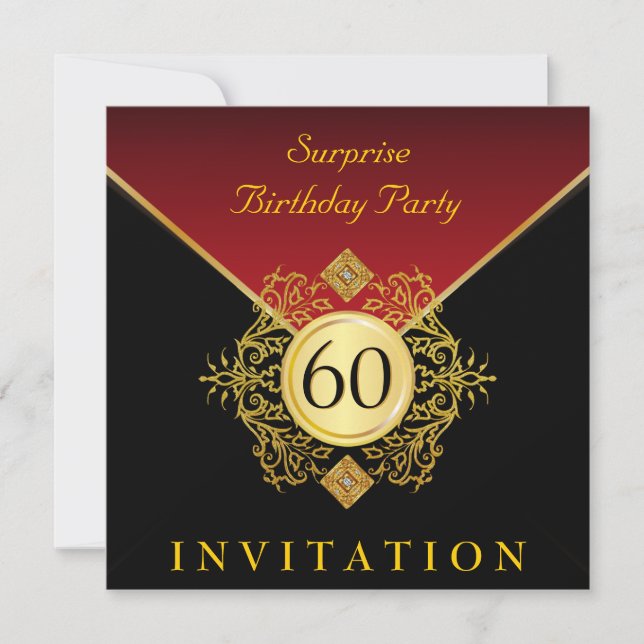 Invitation Gold Black Royal Red 60th Birthday Surprise Party (Devant)