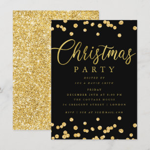 Invitation Gold Black Script Confetti Fête de Noël