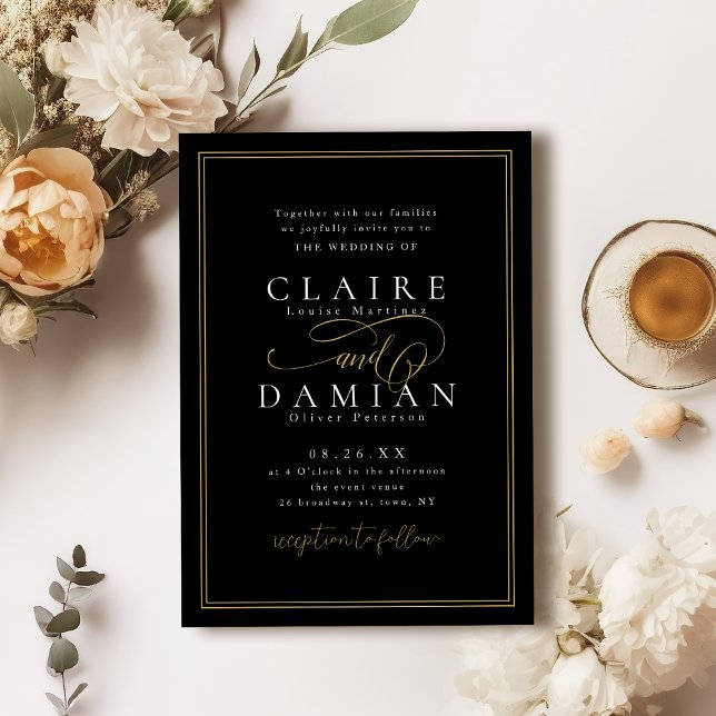 Invitation Gold Black Simple Elegance Romantique Script Maria (Gold Black Simple Elegance Romantic Script Wedding Invitation)