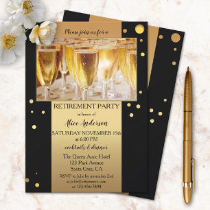 Invitation Gold Black Sparkling Confetti Photo Retirement