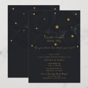 Invitation Gold Black Stars Dark Night Sky Baby showers Twins