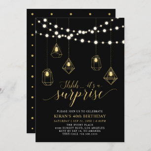 Invitation Gold & Black String Lumières Surprise fête d'anniv