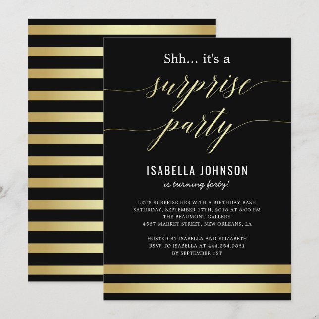 Invitation Gold & Black Stripes Shh... C'est une fête surpris (Devant / Derrière)