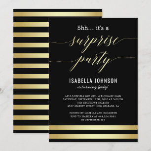 Invitation Gold & Black Stripes Shh... C'est une fête surpris